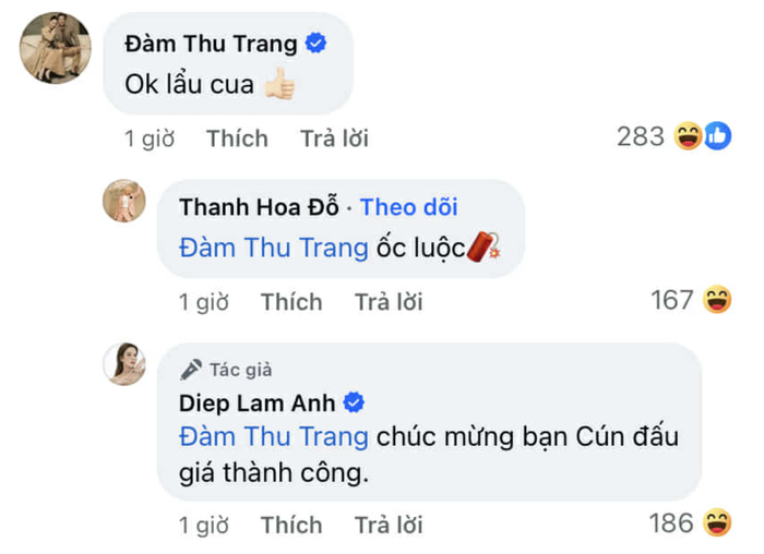 Đàm Thu Trang hào hứng gợi ý món ăn khi Diệp Lâm Anh đấu giá thành công tranh tự vẽ. Ảnh: FBNV