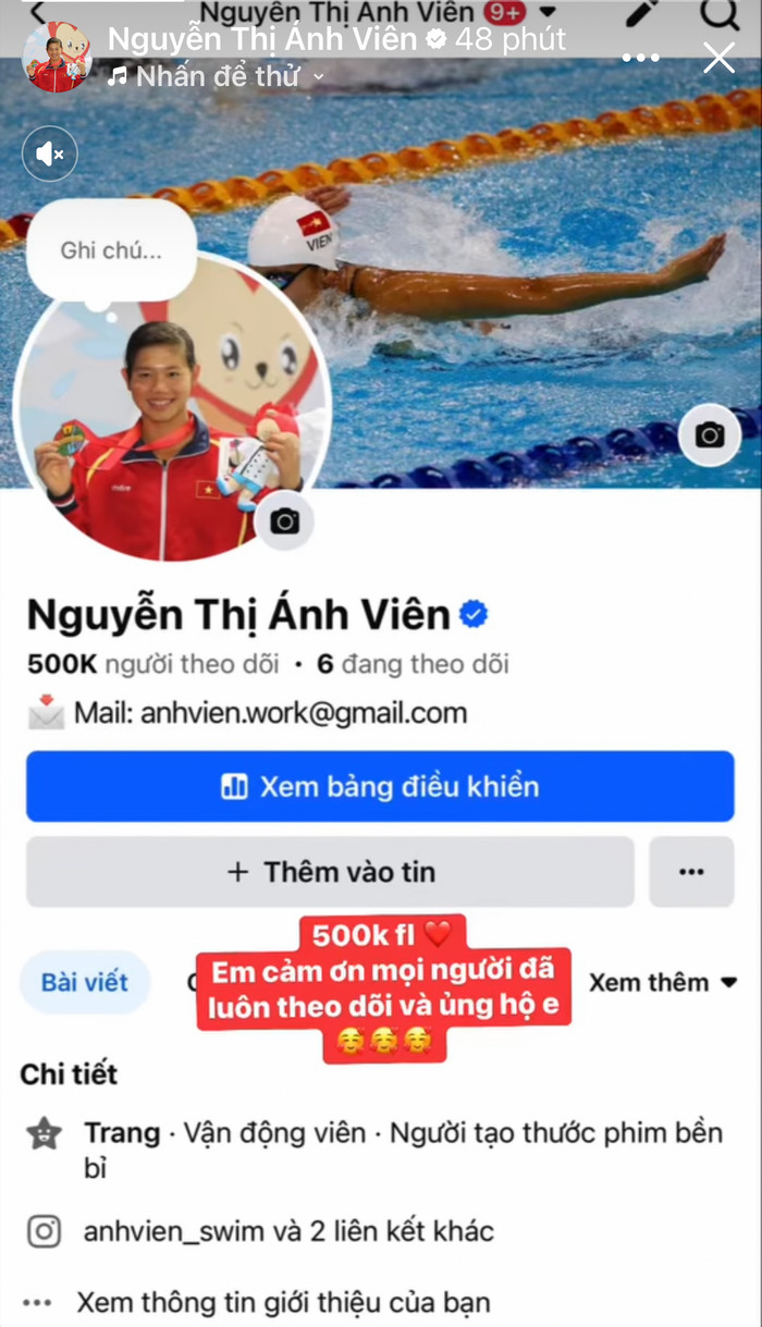 Tối 22/9, Ánh Viên đã báo tin vui đến người hâm mộ sau khi cán cột mốc ấn tượng. Ảnh chụp màn hình