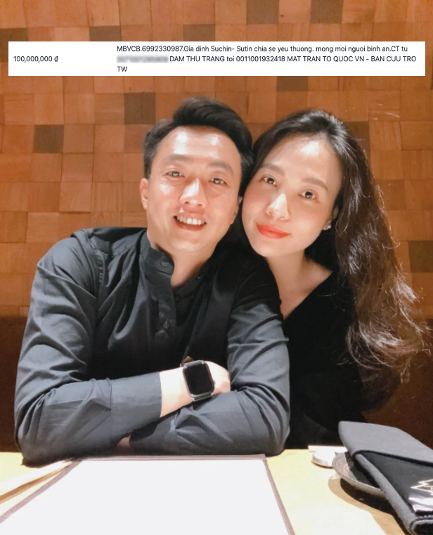 Sau 3 lần chuyển khoản, Cường Đô La và Đàm Thu Trang đã đóng góp tổng cộng 2,1 tỷ đồng để hỗ trợ người dân bị ảnh hưởng bởi bão lũ.