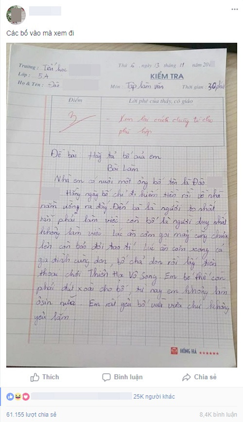 Bài văn tả về bố của em học sinh tiểu học khiến dân tình cười ngất