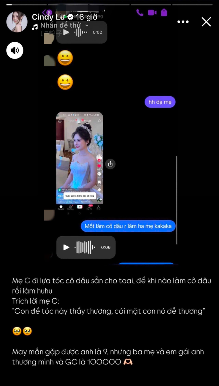 Cindy Lư hạnh phúc vì được mẹ Đạt G quan tâm. Ảnh: FBNV