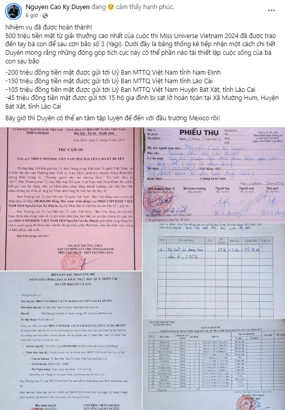 Hoa hậu Kỳ Duyên sao kê số tiền từ thiện 500 triệu đồng. 