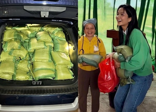 Hoa hậu H'Hen Niê quyên gửi gạo đến đồng bào vùng lũ. 