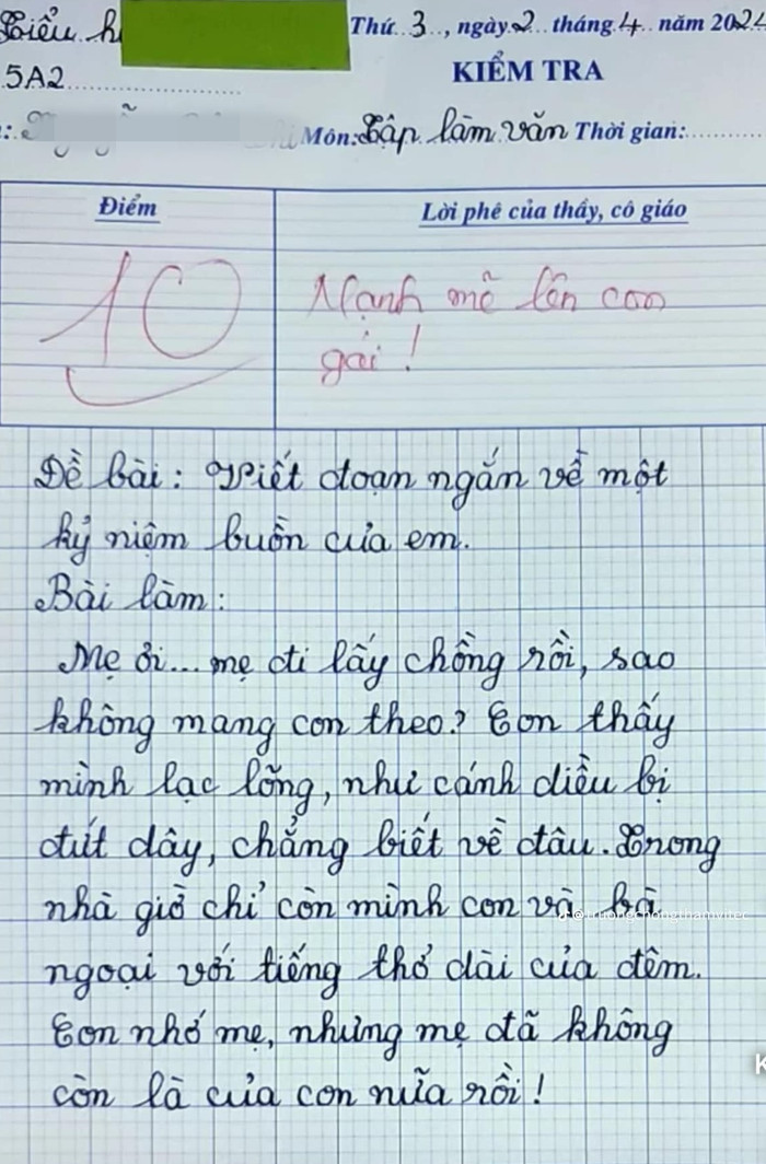 Bài văn viết về kỷ niệm buồn của em học sinh lớp 5 được giáo viên chấm 10 điểm và để lại lời phê cực xúc động. Ảnh: MXH