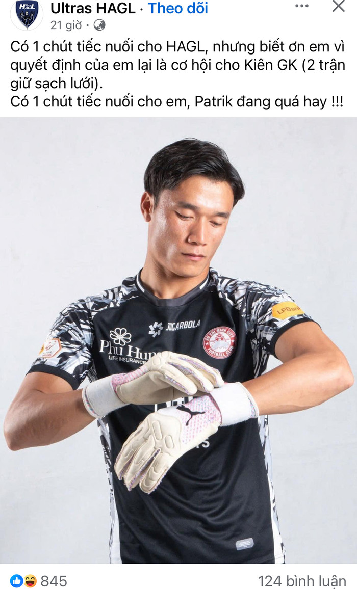 Ultras HAGL đăng tải về thủ môn Bùi Tiến Dũng sau 2 vòng đầu tiên của V.League 2024/2025. Ảnh chụp màn hình