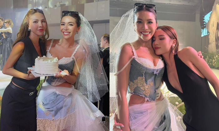 Tại đám cưới của Minh Tú, Siêu mẫu Minh Triệu và Hoa hậu Kỳ Duyên xuất hiện nhưng 'đánh lẻ' chụp hình riêng. 