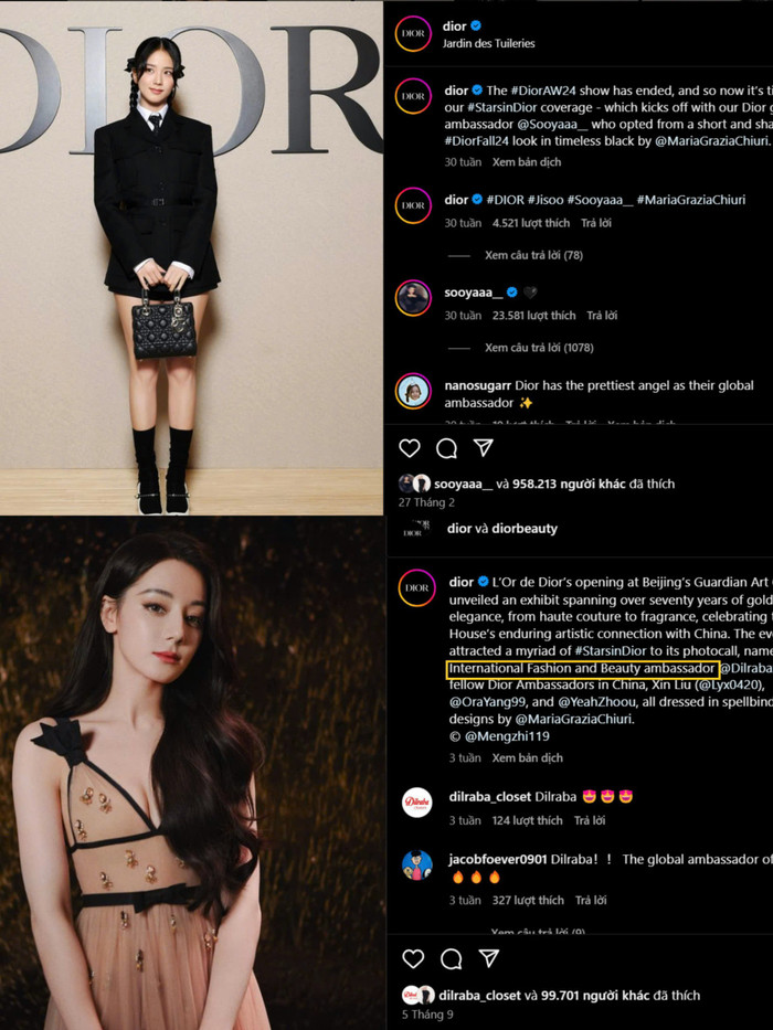 Xem lại các bài đăng có hình ảnh Địch Lệ Nhiệt Ba từ khi chấp bút hợp đồng cộng tác, không dưới một lần Dior nhấn mạnh thân phận Đại sứ quốc tế (International ambassador). 