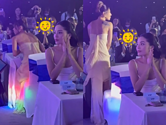 Hoa hậu Kỳ Duyên từ cười tươi rạng rỡ chuyển sang cười mỉm khi nghe MC giới thiệu Minh Triệu.