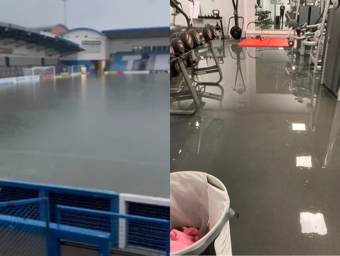 Sân vận động của AFC Telford bị ngập lụt nặng.