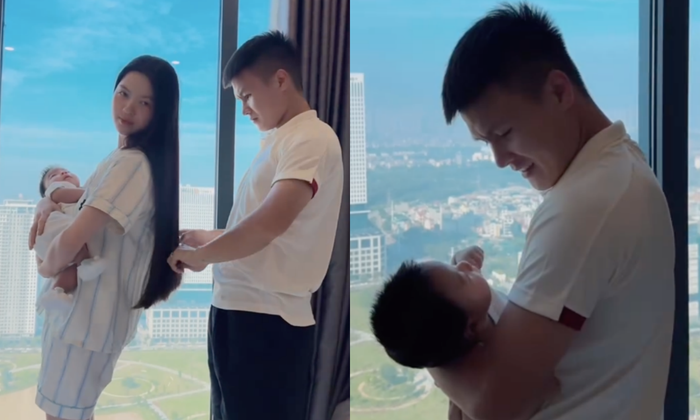 Chu Thanh Huyền khoe khoảnh khắc được Quang Hải chải tóc, bế con trai giúp.