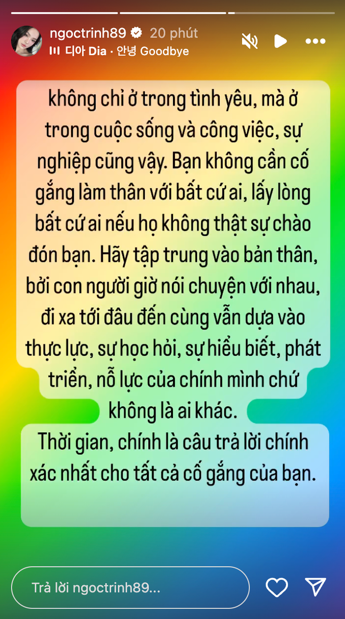 Ngọc Trinh lần thứ 2 đăng tải dòng trạng thái gây chú ý. Công chúng đặt nghi vấn về việc cô đang gặp vấn đề một mối quan hệ xung quanh.