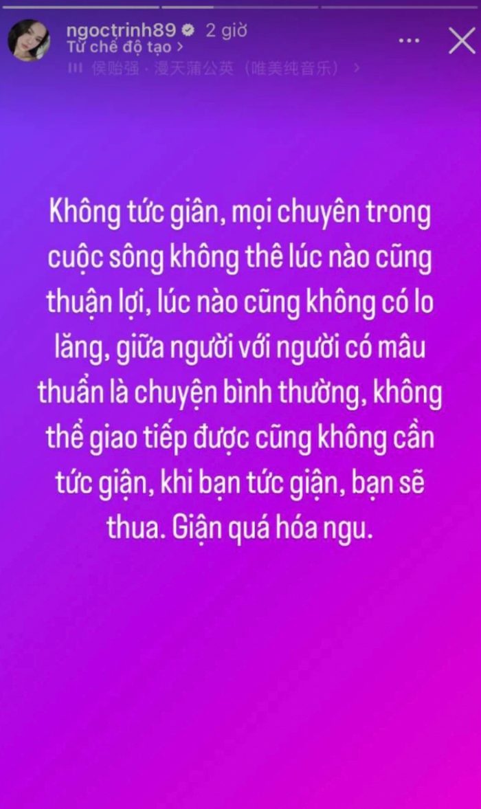 Trước đó, Ngọc Trinh còn đăng tải dòng trạng thái dặn lòng kiềm chế cơn nóng giận.