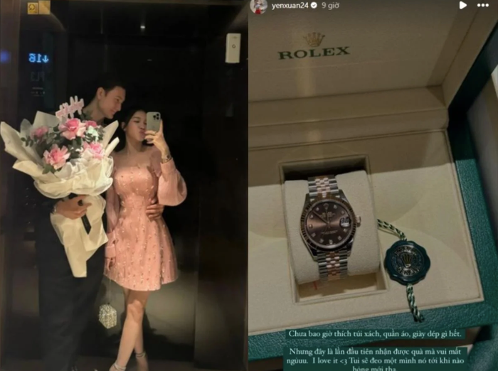 Tháng 8/2024, vợ thủ môn Đặng Văn Lâm hạnh phúc đến 'mất ngủ mất ngủ' khi  được chồng tặng đồng hồ trị giá 500 triệu đồng. Nàng WAG cho biết: 'Chưa bao giờ thích túi xách, quần áo, giày dép gì hết. Nhưng đây là lần đầu tiên nhận được quà mà vui mất ngủ. I love it. Tôi sẽ đeo nó tới khi nào hỏng mới tha'.