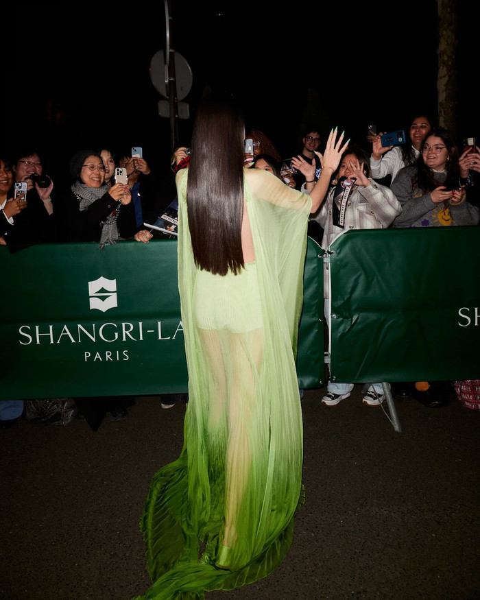 Tham dự sự kiện đắt giá trong ngành thời trang toàn cầu, Mai Davika “chơi lớn” với mẫu váy xanh ngọc bích bồng bềnh, có độ xuyên thấu. Không chỉ tạo điểm nhấn bởi nền chất liệu, thiết kế còn thu hút ánh nhìn khi có những điểm cắt sâu ở vùng cổ và lưng giúp người mặc tôn trọn vẻ đẹp hình thể. 