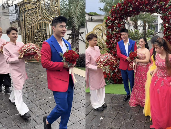 Lê Dương Bảo Lâm đăng video ghi lại cảnh anh dẫn đầu đoàn bưng mâm đến hỏi cưới Quỳnh Quỳnh.