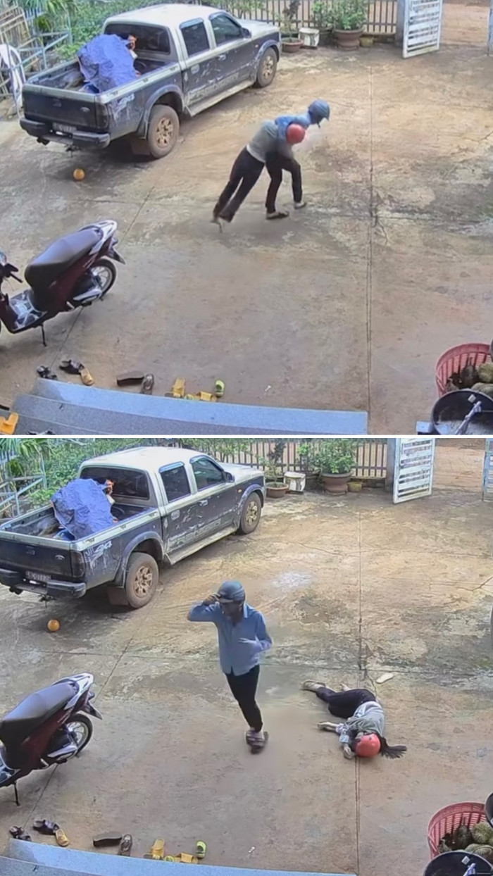  Sau khi anh chồng thả tay, người vợ không giữ được thăng bằng, chóng mặt té ngã và nằm bất động dưới đất.