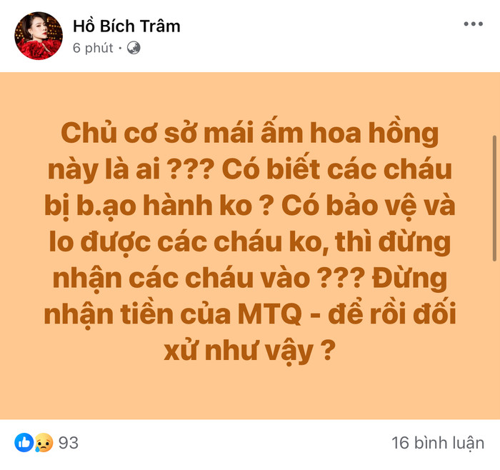 Diễn viên Hồ Bích Trâm cũng bày tỏ nỗi bức xúc trước sự việc gây rúng động dư luận này. 