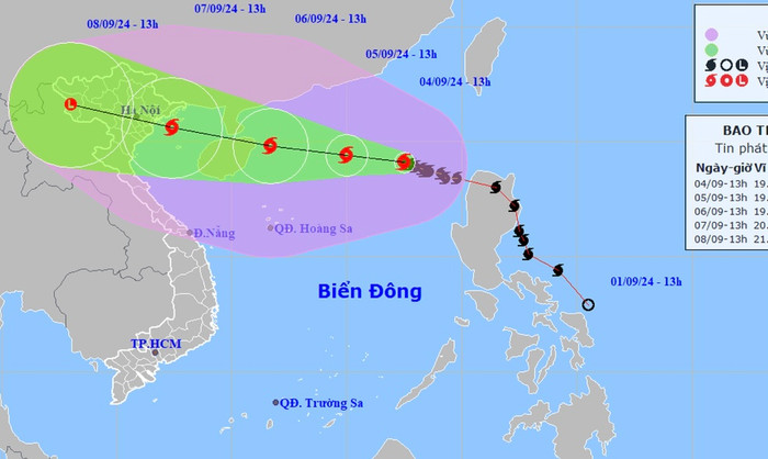 Dự báo vị trí và hướng di chuyển bão số 3 lúc 14h chiều 4-9 - Ảnh: NCHMF