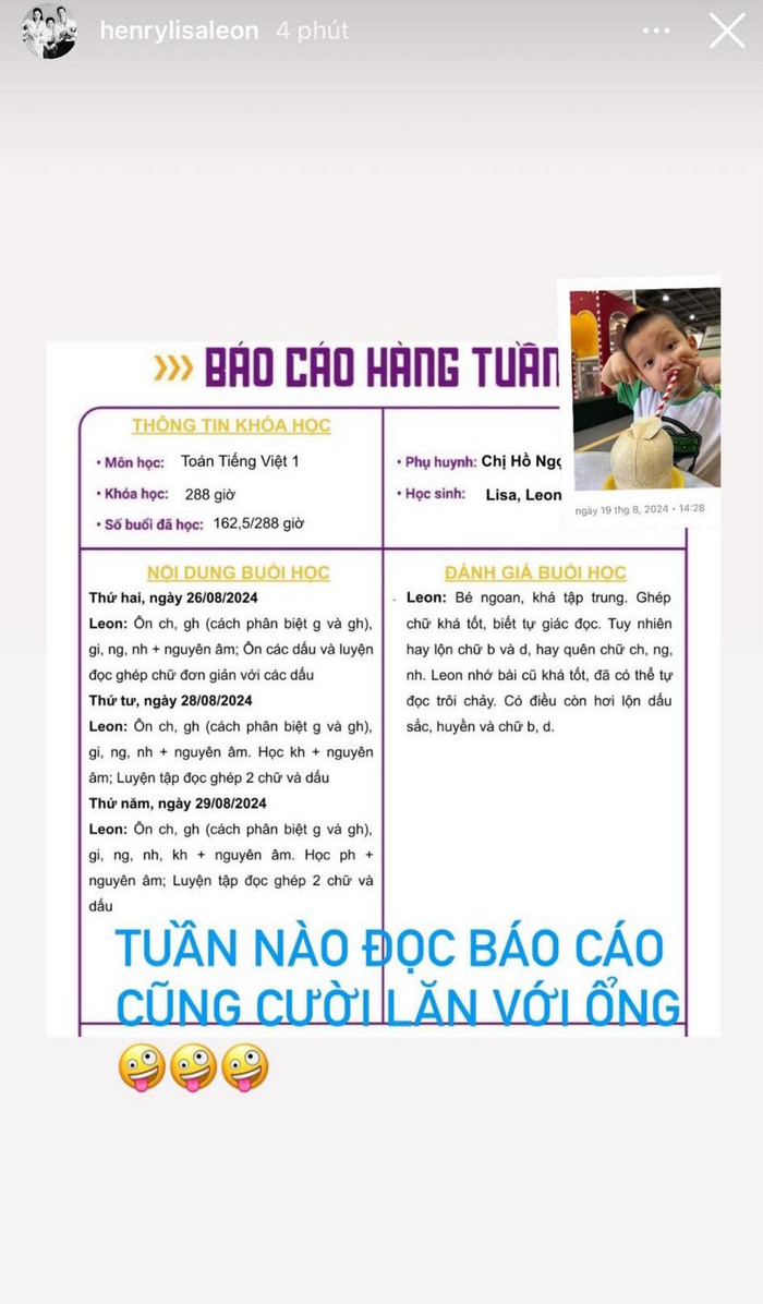 Hồ Ngọc Hà khoe lời khen của giáo viên về việc học của quý tử Leon.