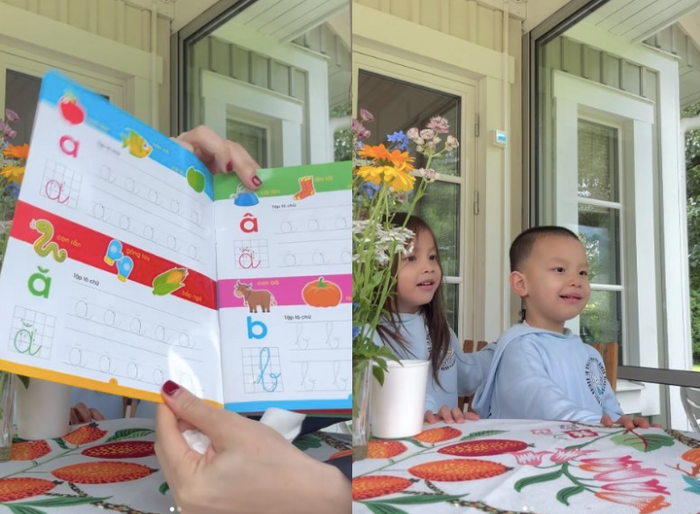 Bên cạnh giờ học ở trường, Hồ Ngọc Hà dành thời gian để dạy thêm tiếng Việt cho hai con.