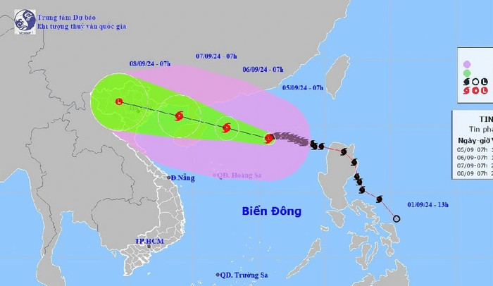 Vị trí và hướng di chuyển bão số 3 lúc 7h sáng 5-9 - Ảnh: NCHMF