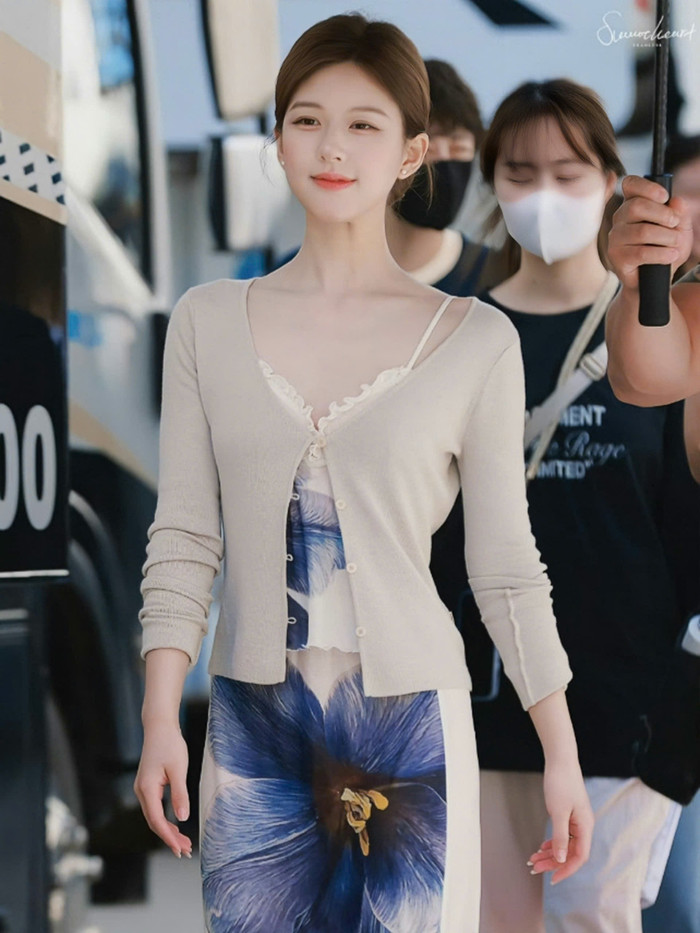 Sở hữu hình thể cân đối, Triệu Lộ Tư tích cực lăng xê thiết kế có phom dáng ôm sát được may đo trên nhiều nền chất liệu. Cô gây ấn tượng với nước da trắng hồng và đường cong hình thể được thể hiện qua bản phối của nhà mốt Pheme. Chiếc áo cổ chữ V viền ren họa tiết kết hợp chân váy mang lại cho cô một vẻ ngoài nữ tính, yêu kiều. Bên cạnh đó, đôi guốc gắn nhãn Brunello Cucinelli cũng giúp cô thuận tiện trong việc di chuyển.