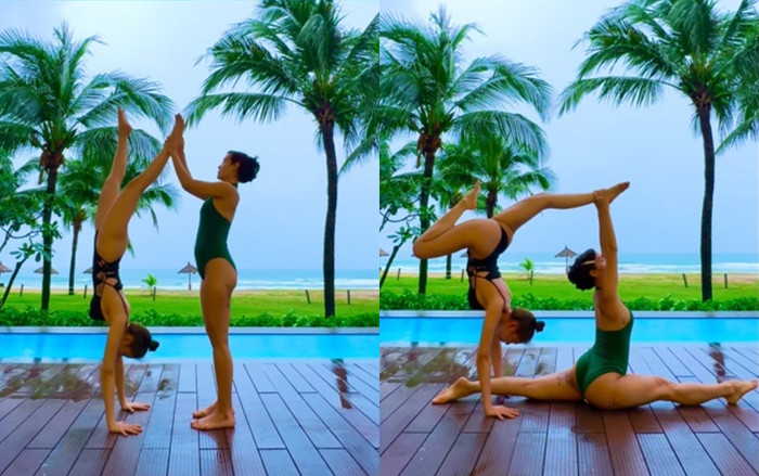 Phương Trinh Jolie diện bikini, tập yoga với thế xoạc chân cùng cô giáo.