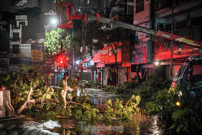 Dù đã hơn 1h30 sáng, đội công nhân vẫn miệt mài dọn dẹp cây xanh ngã đổ để nhanh chóng giải phóng mặt bằng, khôi phục giao thông trên các tuyến đường bị ảnh hưởng.