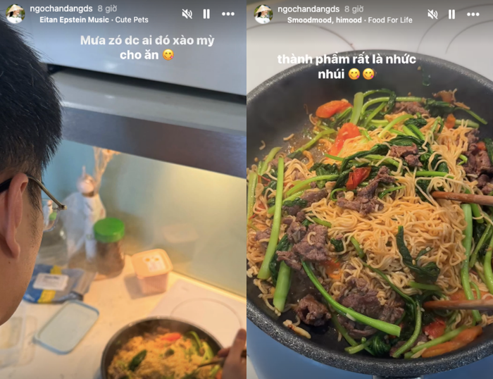 Khoảnh khắc Phú Đạt vào bếp nấu ăn cho vợ được Ngọc Hân thích thú chia sẻ. 