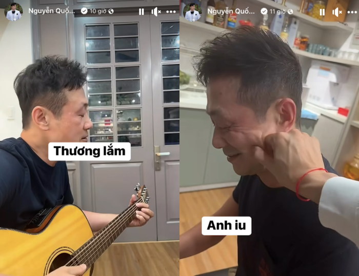 Diễn viên Quốc Trường thân thiết bên cạnh MC Anh Tuấn, còn gọi đàn anh là 'anh iu'. 