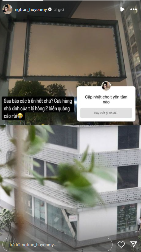Á hậu Huyền My chia sẻ về tình hình tài sản sau siêu bão Yagi. Ảnh chụp màn hình