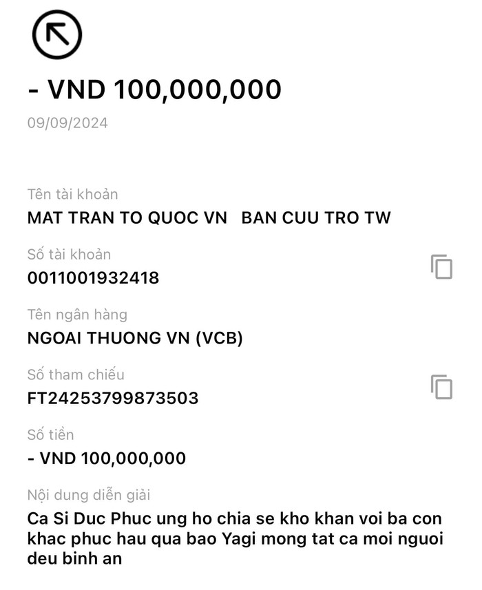 Ca sĩ Đức Phúc ủng hộ 100 triệu đồng với mong muốn chia sẻ khó khăn giúp người dân khắc phục hậu quả bão Yagi.
