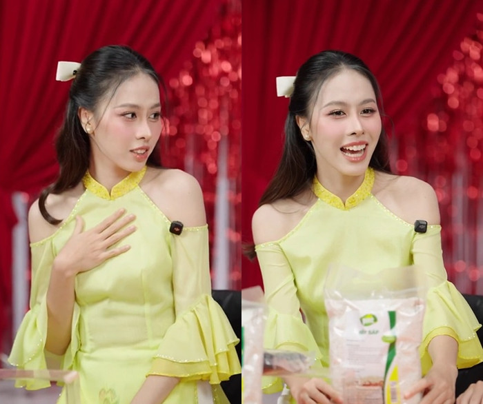 Á hậu Ngọc Hằng diện áo dài cách tân, nổi bật với vẻ ngoài ngọt ngào, trong trẻo. 