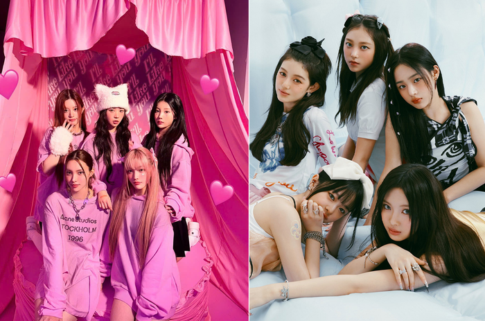 ILLIT (trái) và NewJeans (phải) là hai nhóm nhạc chịu ảnh hưởng trực tiếp trong ồn ào của Min Hee Jin và tập đoàn HYBE.