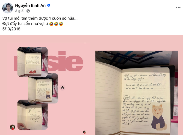 Bình An vui vẻ công khai cuốn nhật ký cũ với Phương Nga. Ảnh: FBNV