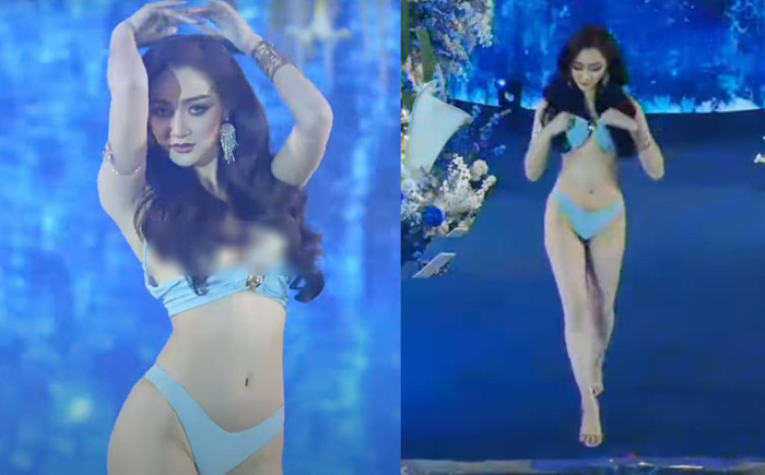 Một thí sinh cuộc thi Miss Grand Karbi 2025 bị tuột áo khi trình diễn bikini, phải nhanh tay chỉnh sửa lại đến tận 3 lần. (Ảnh chụp màn hình)