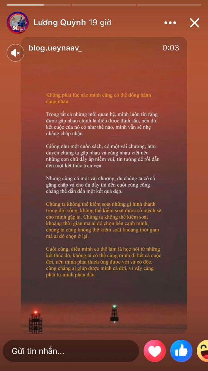 Gần đây, Quỳnh Lương liên tục đăng tải những dòng trạng thái buồn bã. (Ảnh FBNV)