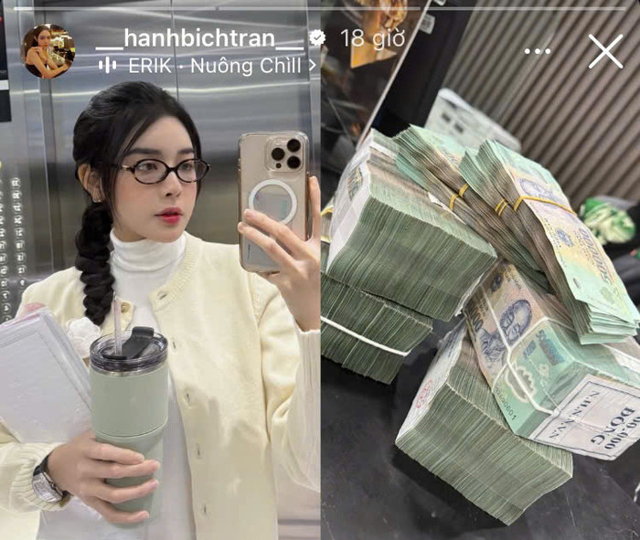 Hot girl Bích Hạnh - bạn gái Vũ Văn Thanh đăng tải hình ảnh khoe một xấp tiền dày cộp. (Ảnh chụp màn hình)