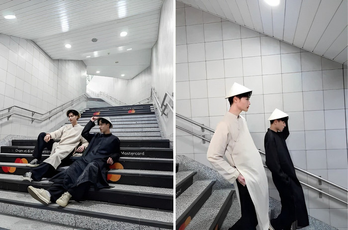 Sự kết hợp giữa không gian hiện đại và tà áo dài, nón lá Việt Nam. Ảnh: Phạm Thế Hiển