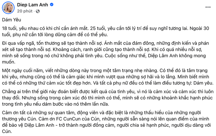 Tâm thư của Diệp Lâm Anh về câu chuyện 'dám yêu' đã thu hút sự chú ý từ phía cư dân mạng. Ảnh: FBNV