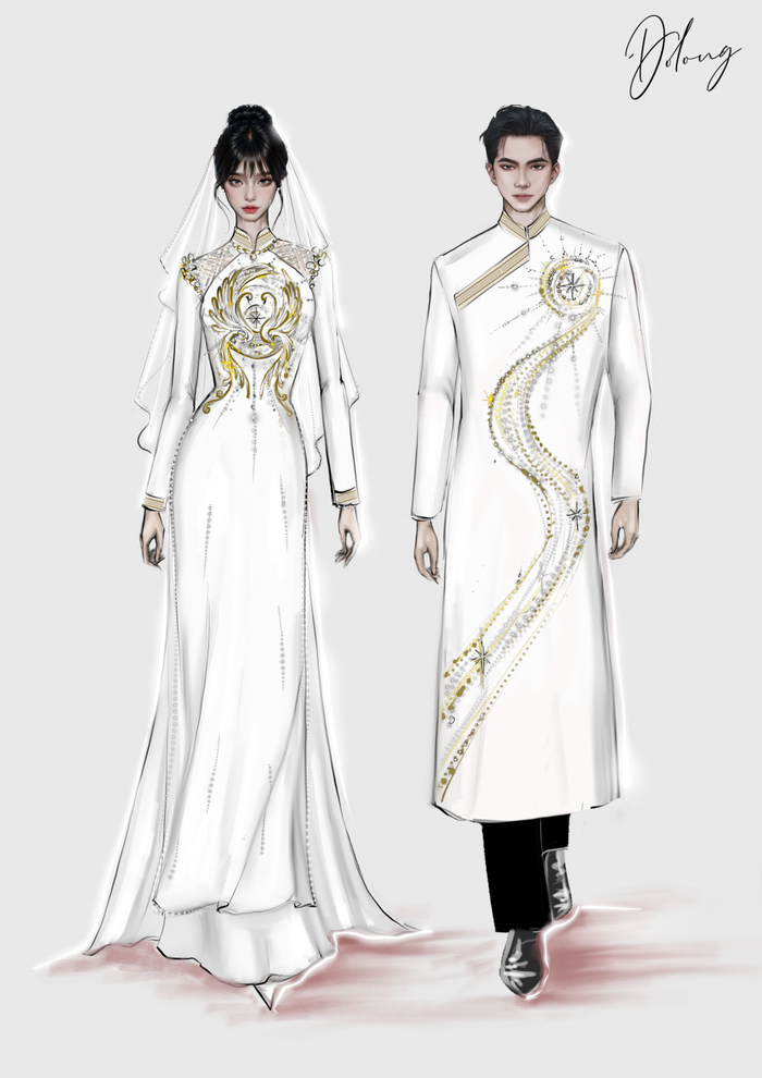 Bộ áo dài lễ hỏi của Phương Nhi và doanh nhân Minh Hoàng được đặt thiết kế riêng. 