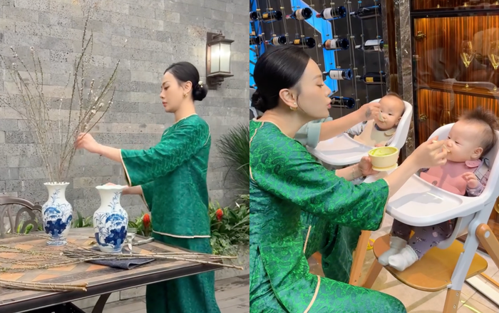 Dù là 'phu nhân hào môn', Phương Oanh vẫn tự tay cắm hoa và chăm sóc hai con. (Ảnh: FBNV)