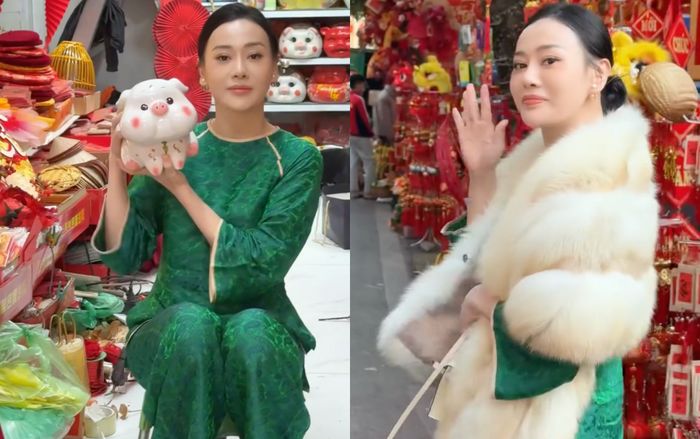 Phương Oanh hào hứng đi chợ mua sắm vật dụng để trang trí nhà cửa cho dịp Tết. (Ảnh: FBNV)