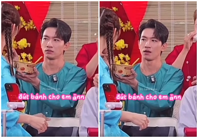 Võ Cảnh giúp Thúy Ngân ăn ngay trong livestream. (Ảnh FC Cảnh Ngân)
