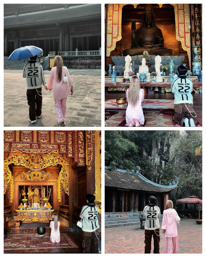 Gil Lê cùng gia đình Xoài Non đi vãn cảnh chùa. (Ảnh FBNV)