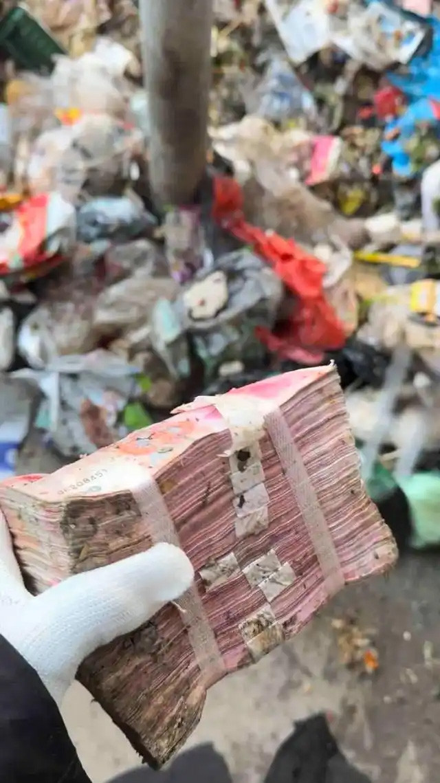 Số tiền được tìm thấy trong 4 tấn rác. Ảnh: Baidu.