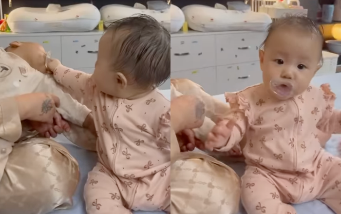 Phương Oanh 'than thở' vì con gái Jenny 'cướp' đồ của anh trai Jimmy. (Ảnh: FBNV)