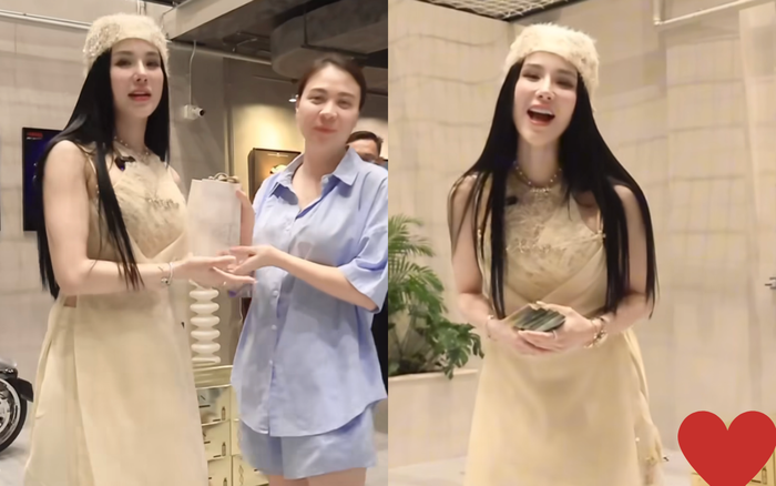 Vợ Cường Đô La không ngần ngại đưa một túi tiền mặt cho Diệp Lâm Anh sau khi nhận được hàng. Ảnh: Chụp màn hình