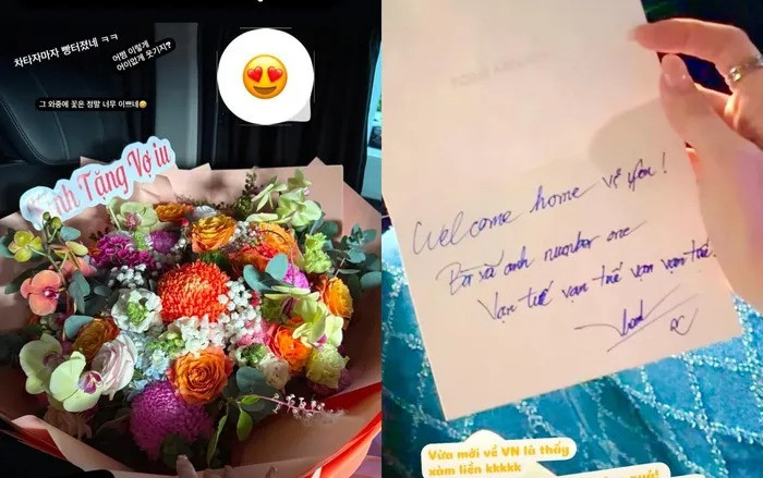 Trấn Thành tặng hoa Hari Won nhân ngày cô trở về Việt Nam. (Ảnh FBNV)