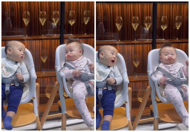 Khoảnh khắc đáng yêu của 2 bé nhà Phương Oanh khi đói. (Ảnh FBNV)